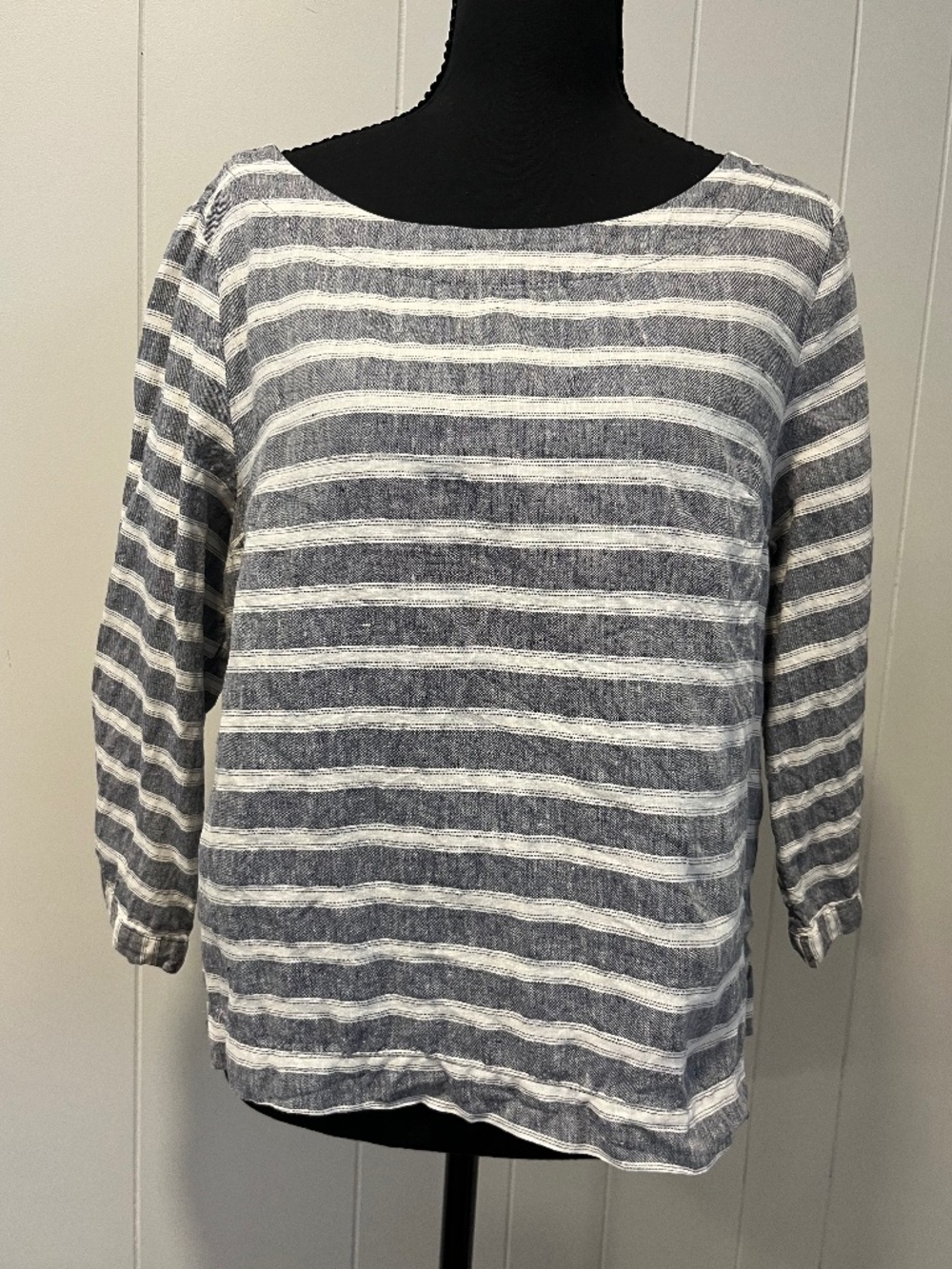 Christian Siriano Linen Navy Blue White Stripe Bateau Boat Neck Top Coastal sz L